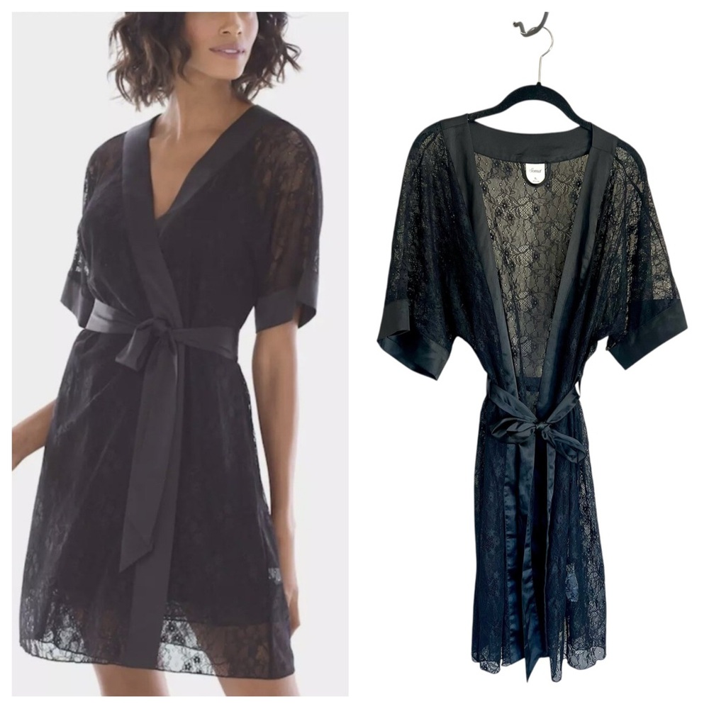 Soma black sheer allover lace satin trim robe swim cover up whimsigoth sz XL